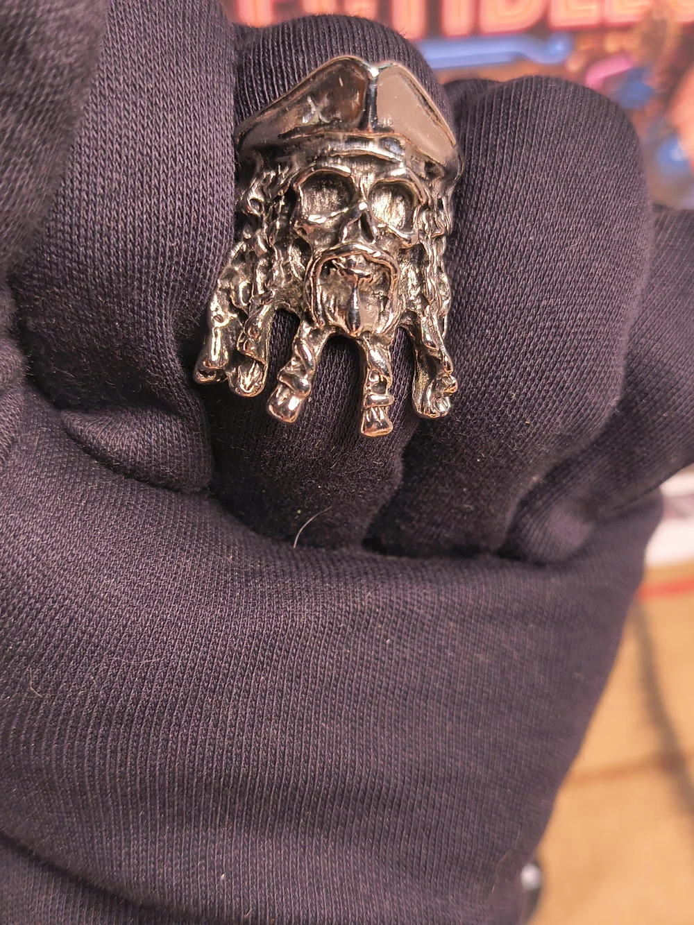 Silver Tone Skeleton Pirate Ring Size 10 Gothic Blackbeard Biker Statement Jewel